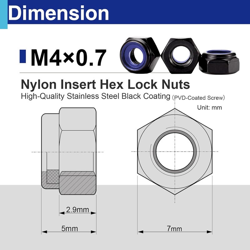Usdrwam 100 Pack M4 Lock Nuts, 304 Stainless Steel Black PVD Hex Nylock Nuts for Machinery and Construction Equipment - Image 2